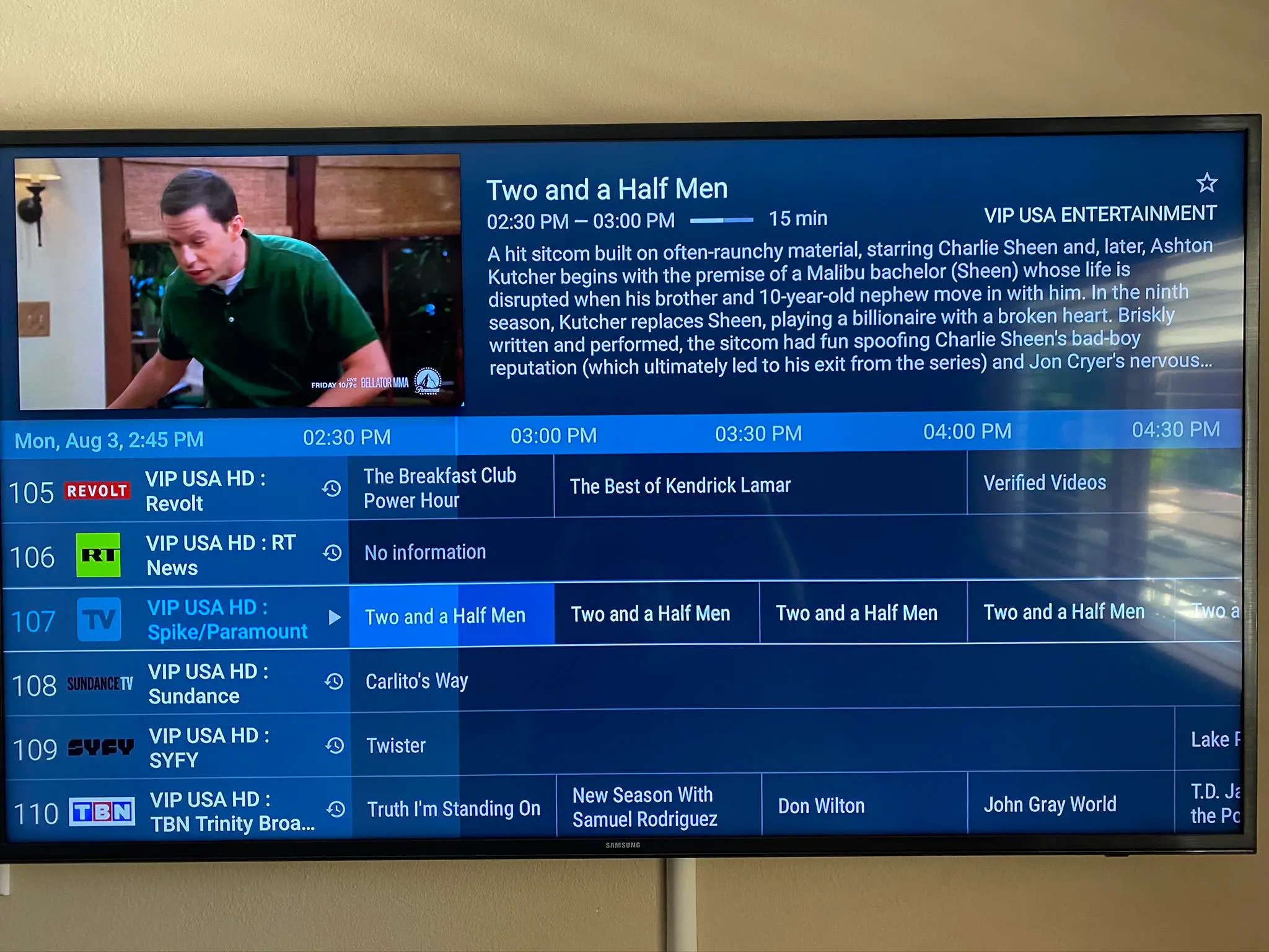 IPTV electronic programme guide on Firestick showing live TV channels with current and upcoming programmes
