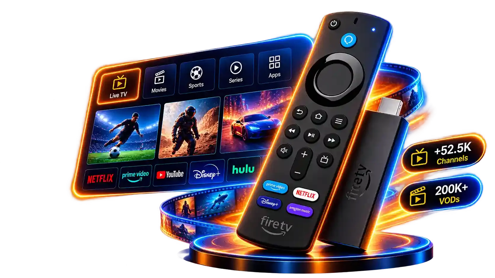 IPTV for Firestick UK — Amazon Fire TV Stick with remote, live TV interface showing channels and on-demand content