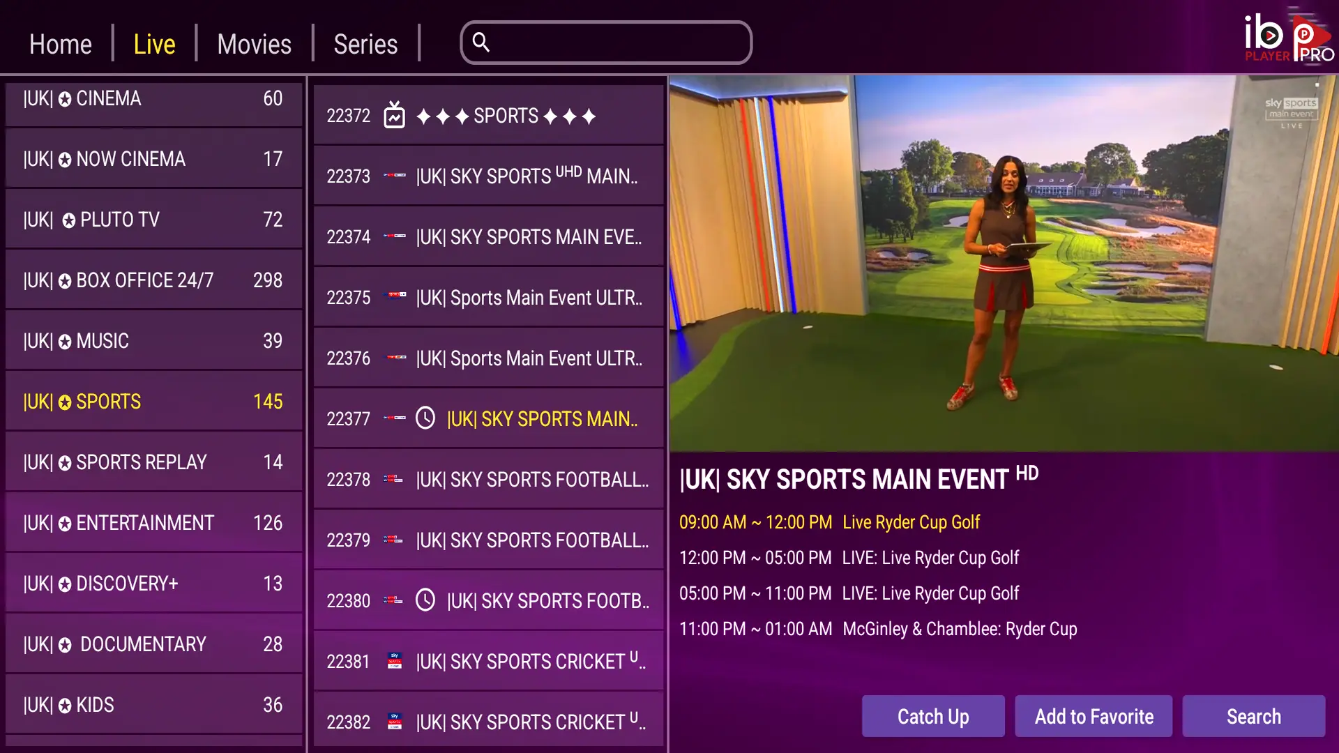 IBO Player IPTV app interface on Firestick showing clean playlist-based channel layout