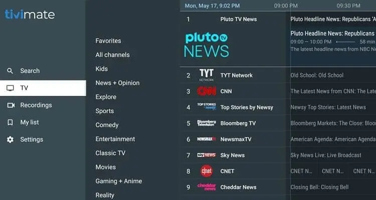 TiviMate IPTV Player interface on Firestick displaying TV programme guide and channels