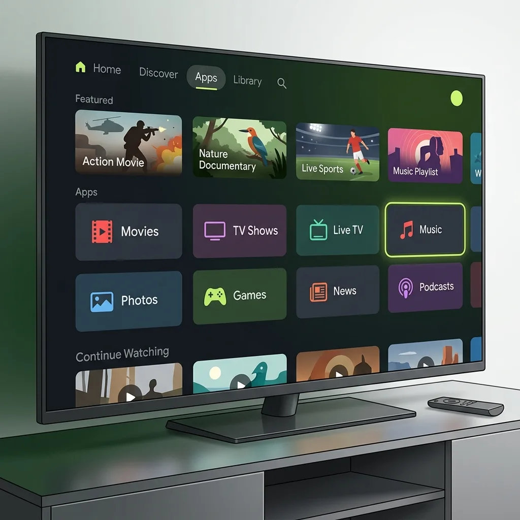 Android TV and Google TV smart television interface with media player app selection