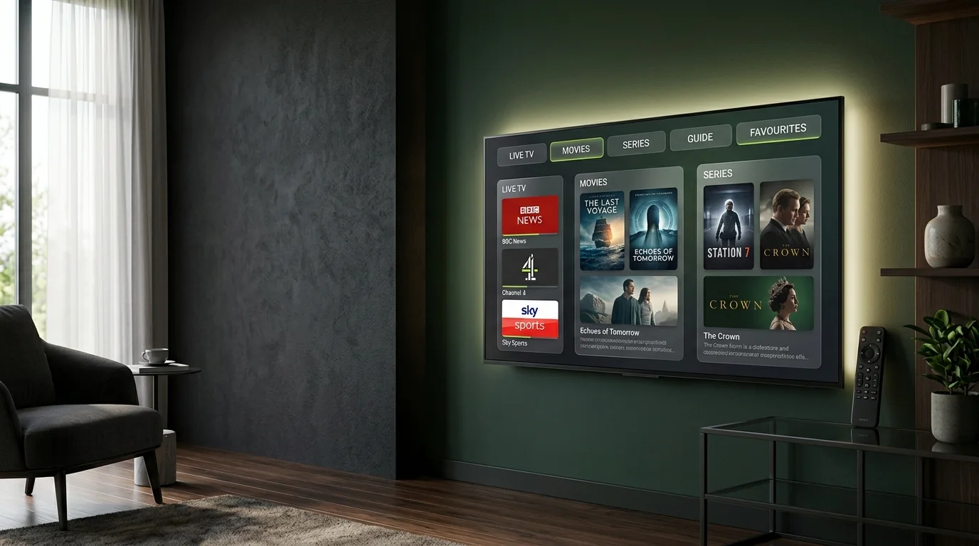 Modern 4K Smart TV in an elegant living room displaying a high-definition streaming media dashboard