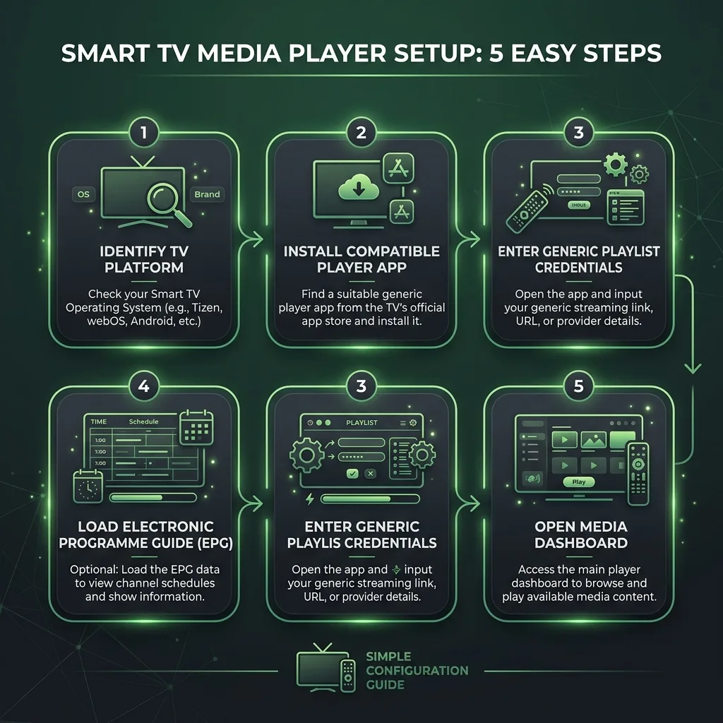 Five-step infographic explaining how to set up an IPTV player on a Smart TV