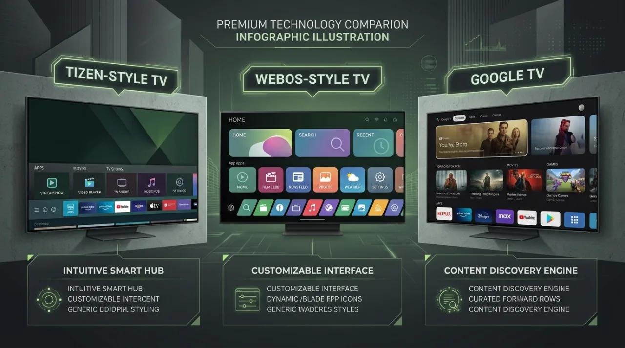 Comparison of major Smart TV platforms including Samsung Tizen, LG webOS, and Android TV