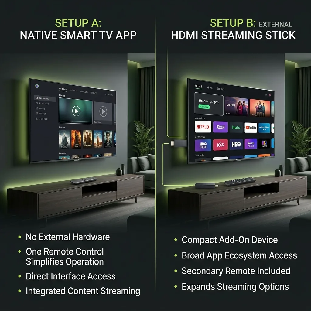 Side-by-side comparison of a native Smart TV setup versus an external HDMI streaming stick setup