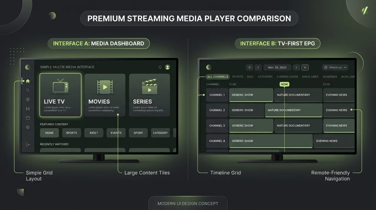 IPTV Smarters compared with TiviMate media player interfaces