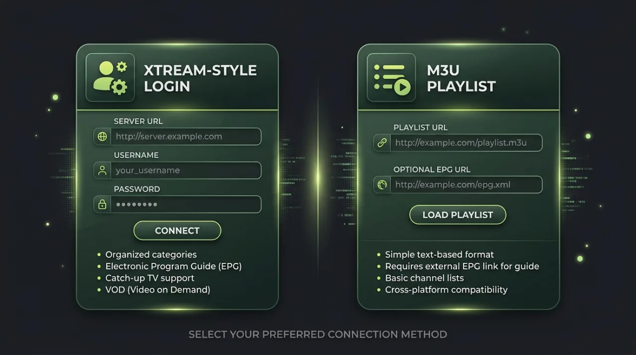 Xtream Codes login compared with M3U playlist setup
