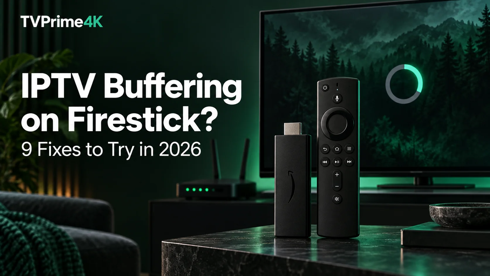 Fire TV stick, remote and router beside a television displaying a buffering symbol.