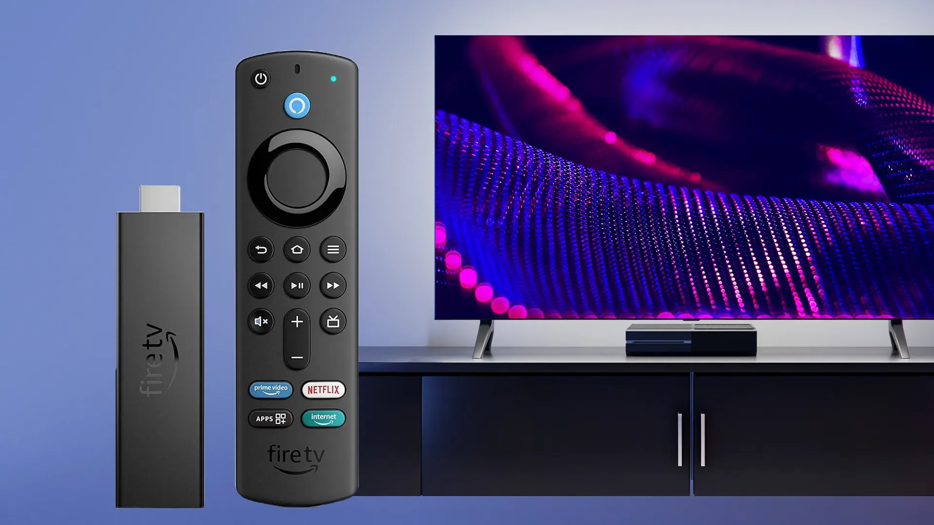 Fire TV streaming stick and Alexa remote beside a television.