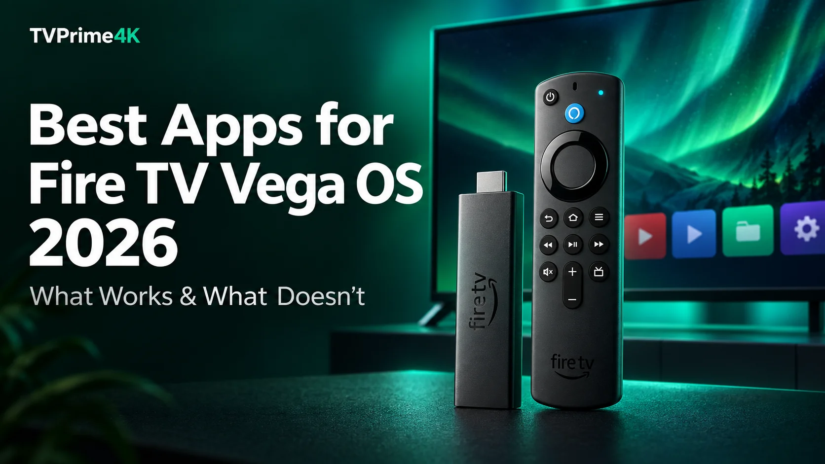 Fire TV stick and remote beside a television with the headline Best Apps for Fire TV Vega OS 2026.