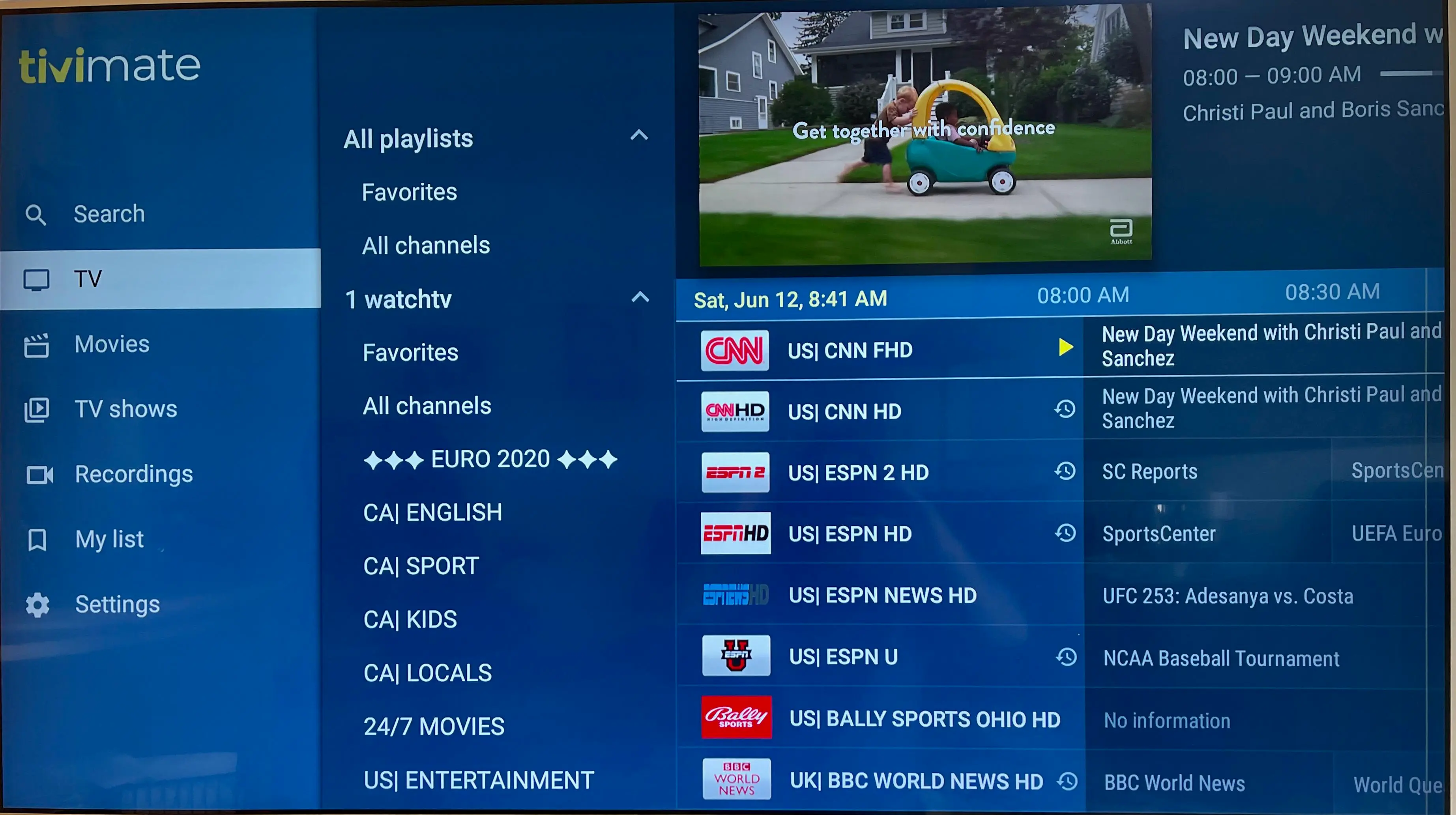 TiviMate IPTV player channel list and EPG interface