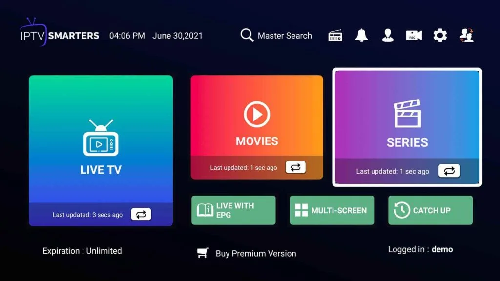Smarters Pro home screen showing Live TV Movies and Series sections