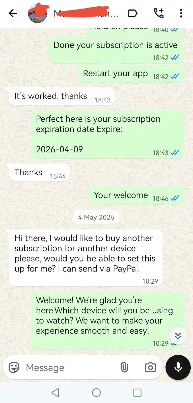 WhatsApp conversation with a TVPrime4K customer, personal details redacted