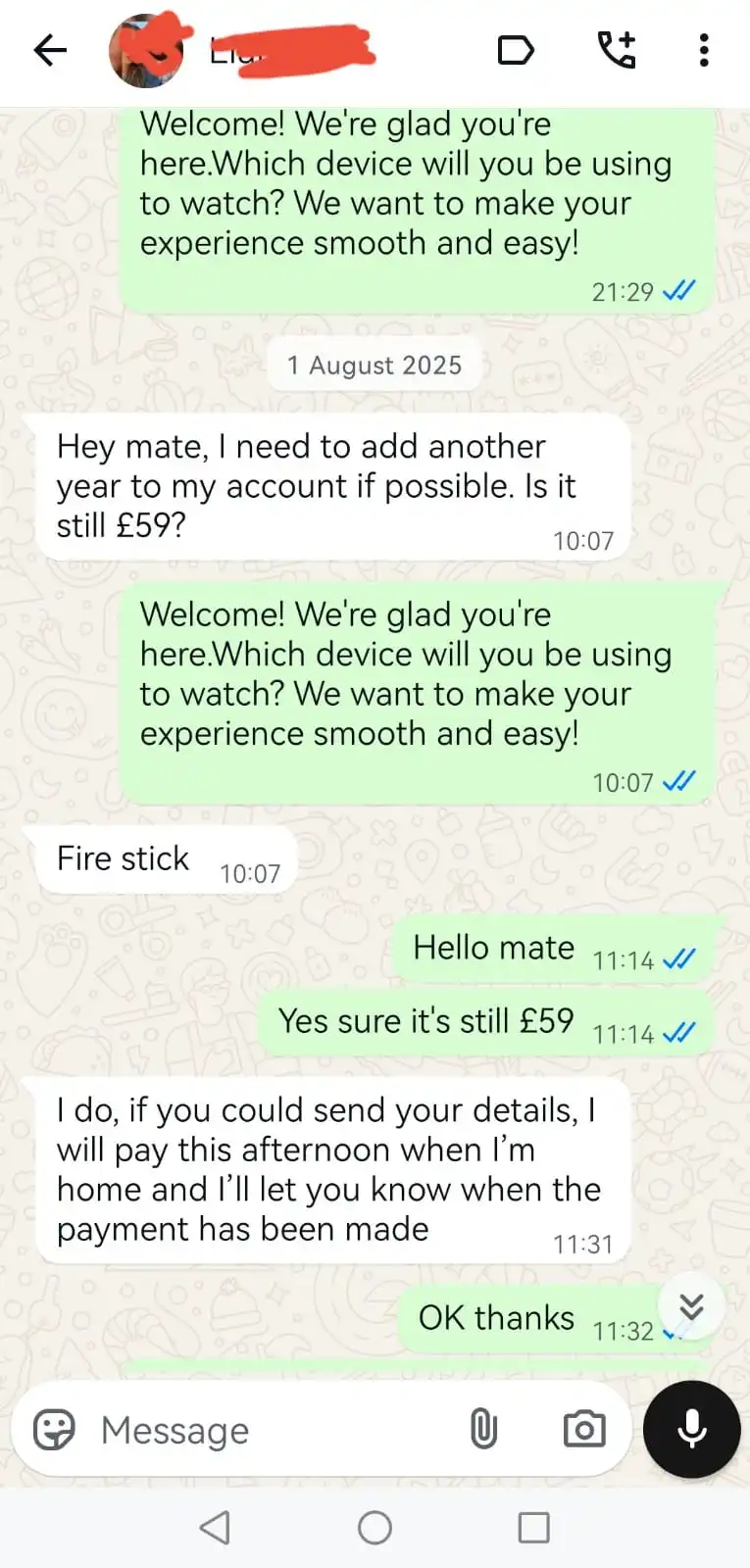 WhatsApp conversation with a TVPrime4K customer, personal details redacted