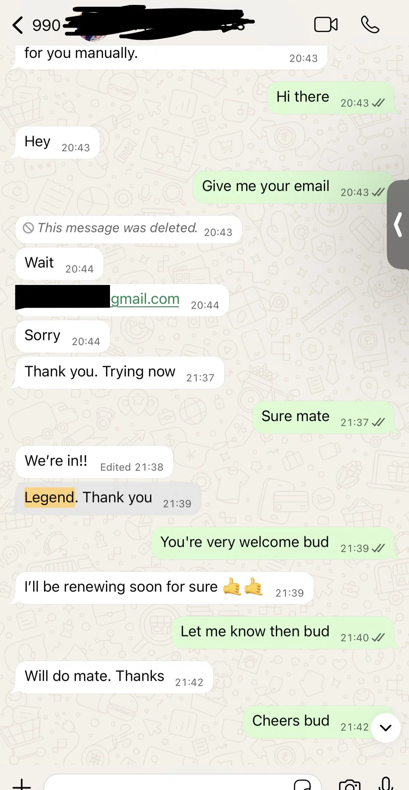 WhatsApp conversation with a TVPrime4K customer, personal details redacted